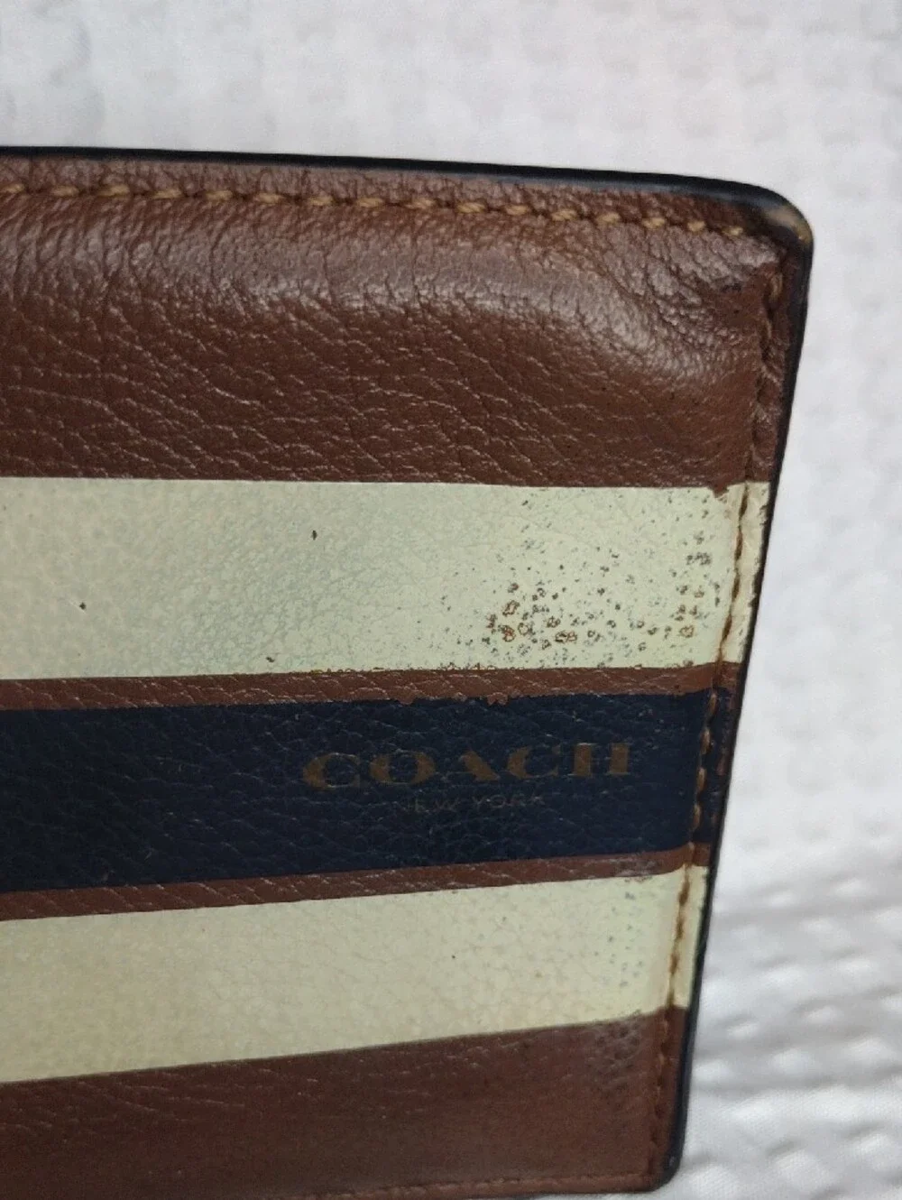 Coach Brown Leather Bifold Wallet with Cream and Navy Stripes F26171